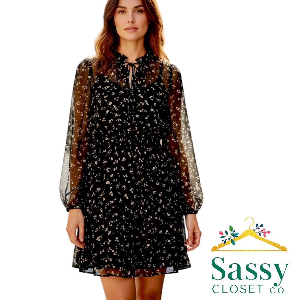 ✨ Abercrombie Black Floral Sheer Overlay Dress XS Long Sleeve Whimsygoth ✨